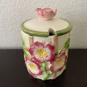 Vintage DESERT ROSE Jam Jelly Honey‎ Jar With Lid Pink Flowers Blossoms 3 inches